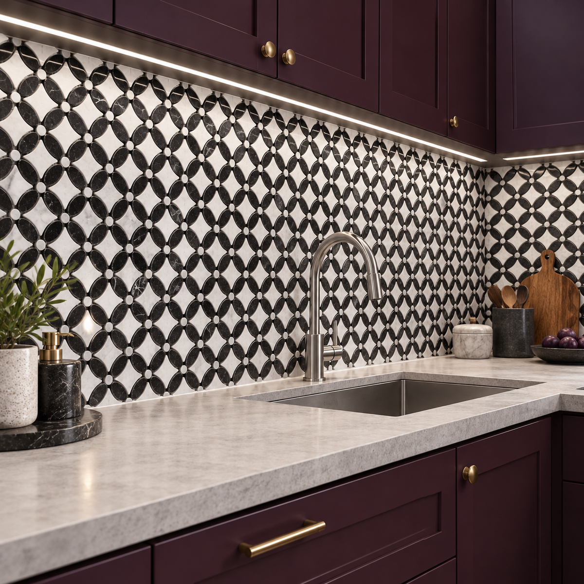 Carrara White- Nero Marquina Polished Marble Flower Mosaic Tiles — installed as a kitchen mosaic splashback