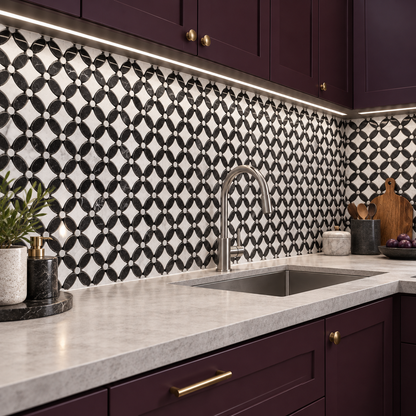 Carrara White- Nero Marquina Polished Marble Flower Mosaic Tiles — installed as a kitchen mosaic splashback
