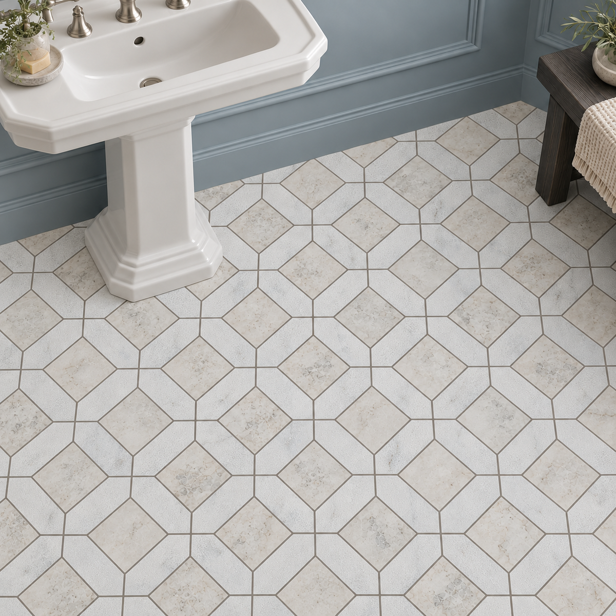 Carrara White - Nimbus Honed Marble Window Mosaic Tiles – honed window-pattern mosaic bathroom floor beside a white pedestal basin and blue wall panelling.