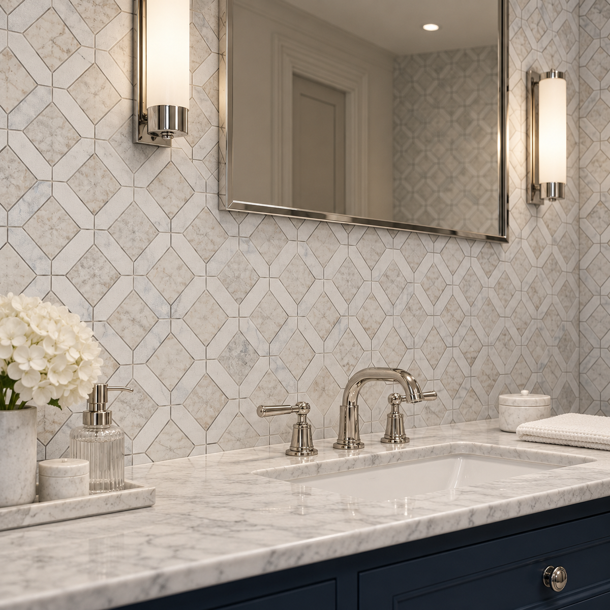 Carrara White - Nimbus Honed Marble Window Mosaic Tiles – honed window-pattern mosaic bathroom wall behind a navy vanity.
