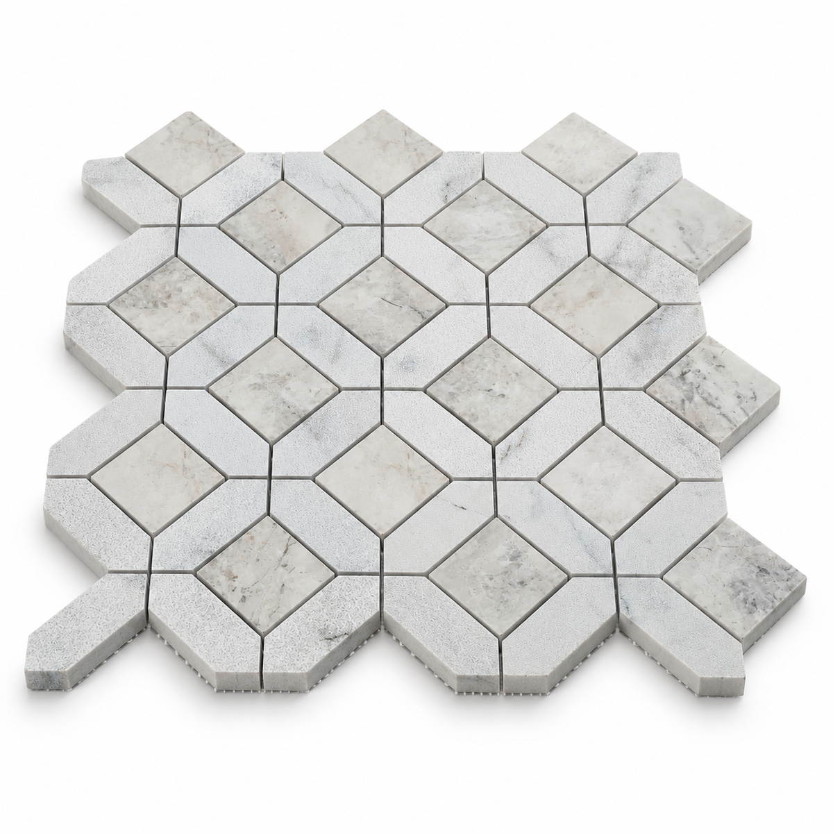 Carrara White - Nimbus Honed Marble Window Mosaic Tiles – angled mosaic sheet showing natural stone edges and mesh backing.
