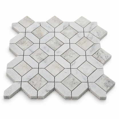 Carrara White - Nimbus Honed Marble Window Mosaic Tiles – angled mosaic sheet showing natural stone edges and mesh backing.
