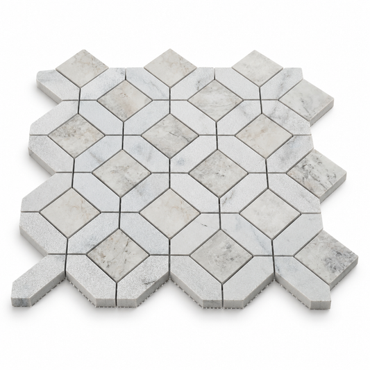 Carrara White - Nimbus Honed Marble Window Mosaic Tiles – angled mosaic sheet showing natural stone edges and mesh backing.