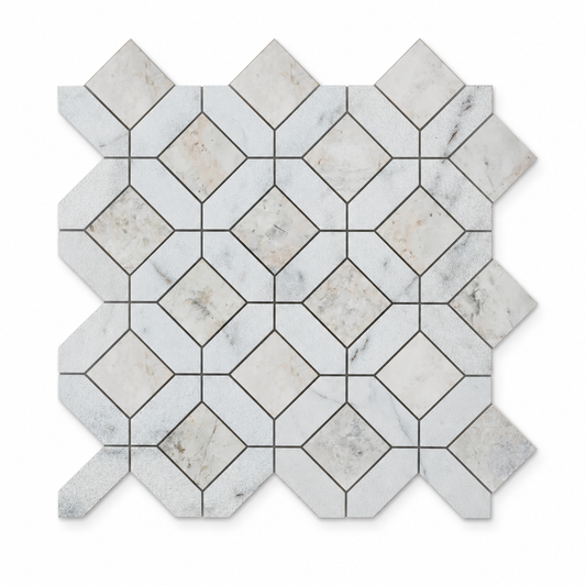 Carrara White - Nimbus Honed Marble Window Mosaic Tiles – complete mosaic sheet viewed from the front on white.
