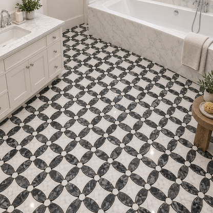 Carrara White – Platinum Black Polished Marble Flower Mosaic Tiles — installed as bathroom mosaic flooring