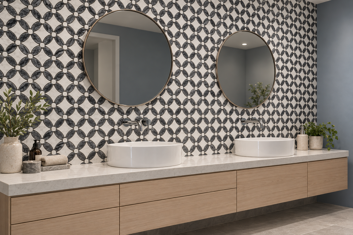 Carrara White – Platinum Black Polished Marble Flower Mosaic Tiles — installed on a windowless bathroom feature wall