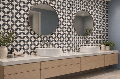 Carrara White – Platinum Black Polished Marble Flower Mosaic Tiles — installed on a windowless bathroom feature wall