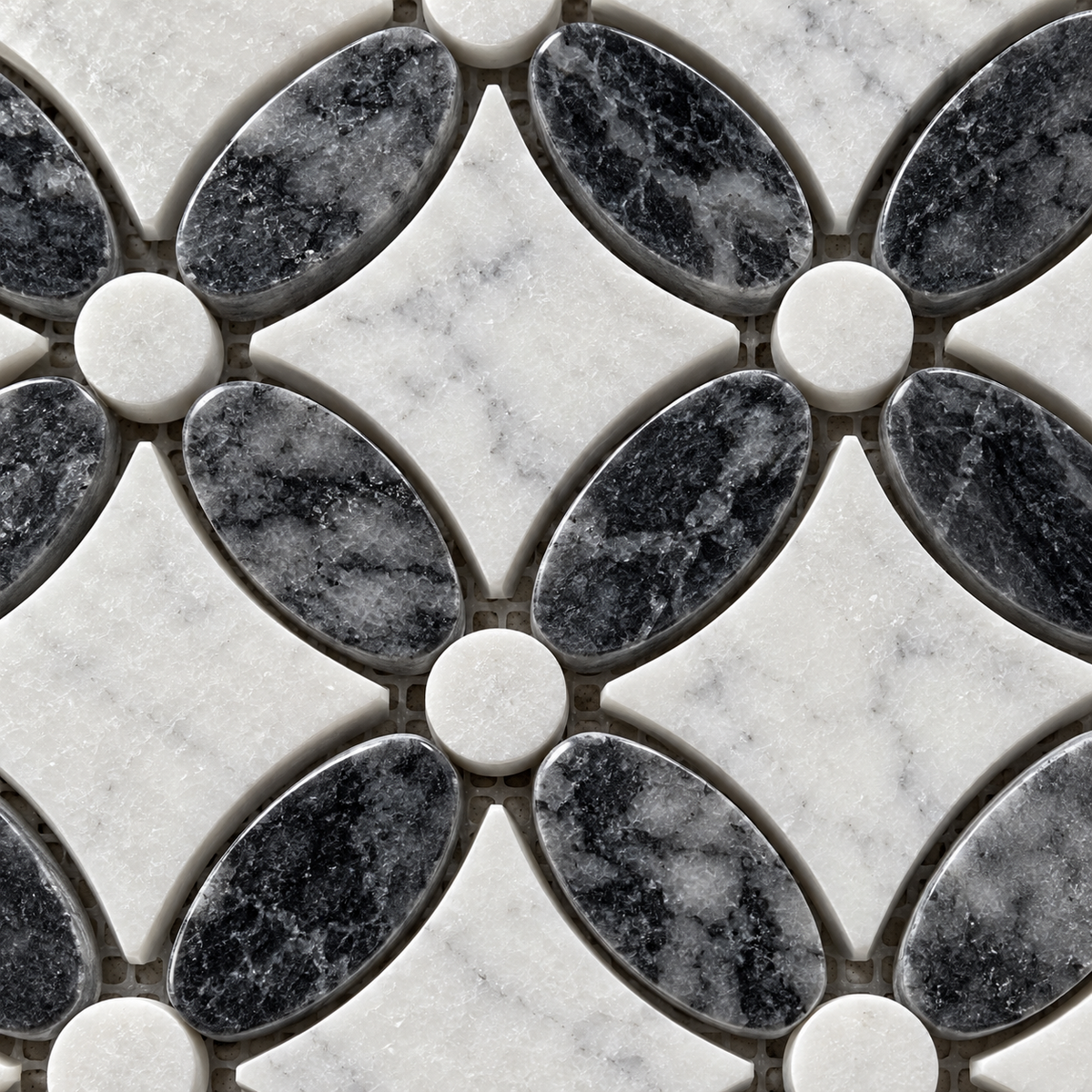 Carrara White – Platinum Black Polished Marble Flower Mosaic Tiles — macro close-up of natural marble texture, finish and mosaic chip detail