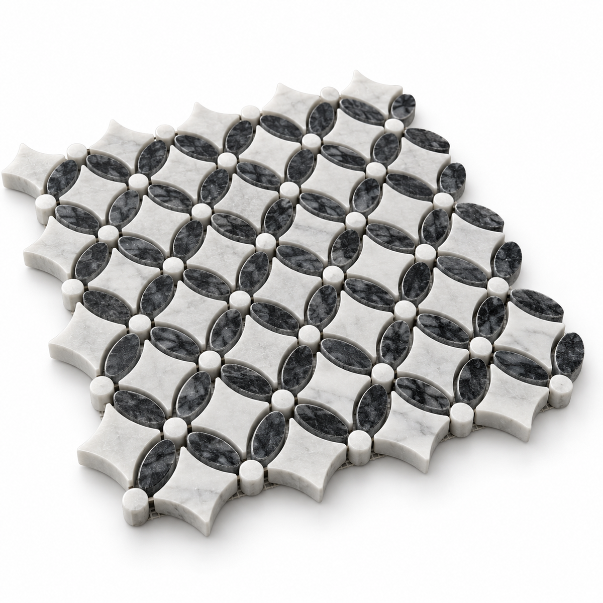 Carrara White – Platinum Black Polished Marble Flower Mosaic Tiles — angled sheet showing 10 mm marble edges and mesh backing