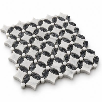 Carrara White – Platinum Black Polished Marble Flower Mosaic Tiles — angled sheet showing 10 mm marble edges and mesh backing