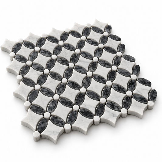Carrara White – Platinum Black Polished Marble Flower Mosaic Tiles — angled sheet showing 10 mm marble edges and mesh backing