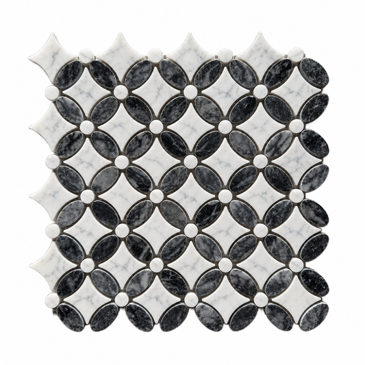 Carrara White – Platinum Black Polished Marble Flower Mosaic Tiles — full mesh-backed sheet on a white background