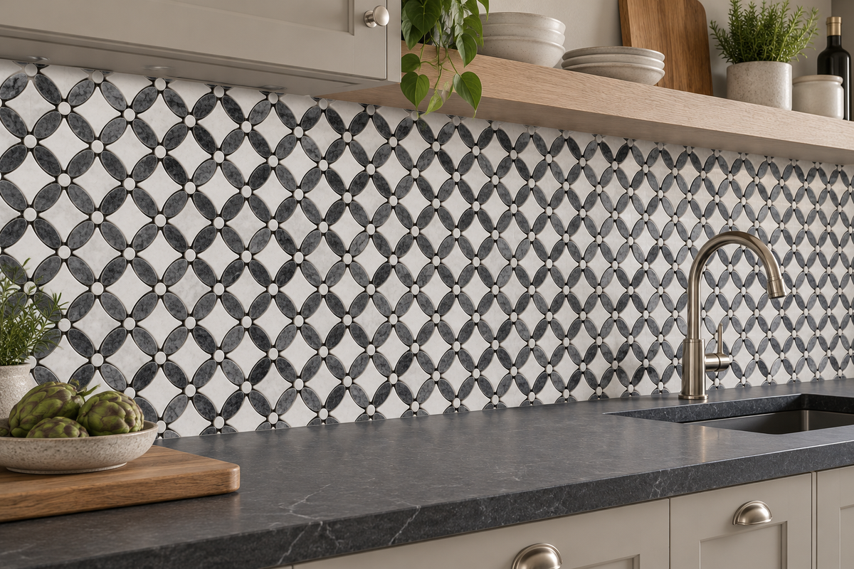 Carrara White – Platinum Black Polished Marble Flower Mosaic Tiles — installed as a kitchen mosaic splashback