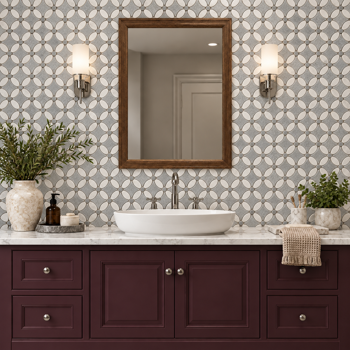Carrara White and Platinum Grey tumbled marble flower mosaic bathroom wall with white oval petals and grey infill stones