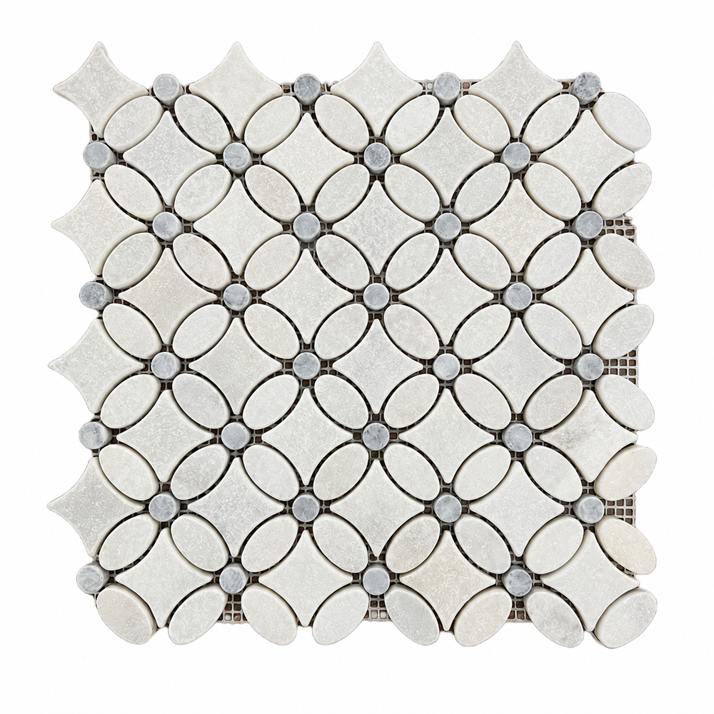 Carrara White and Platinum Grey tumbled marble flower mosaic sheet — front view