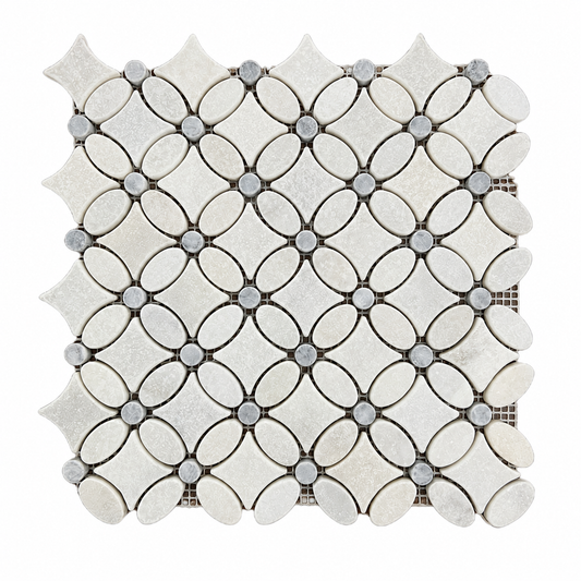 Carrara White and Platinum Grey tumbled marble flower mosaic sheet — front view