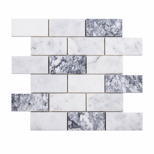 Carrara White - Platinum Grey Honed Marble Brick Mosaic Tiles — full mesh-backed sheet on a white background