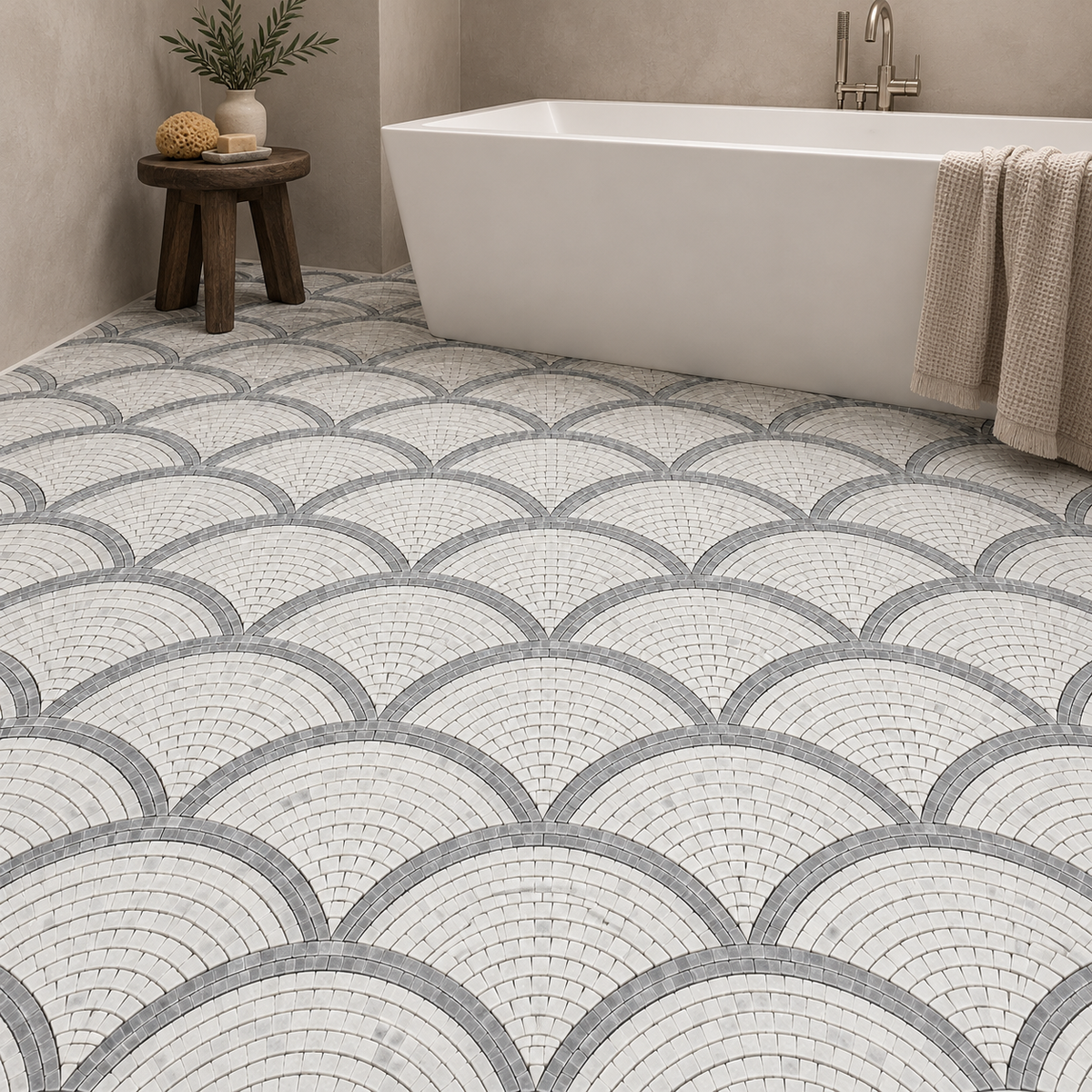 Carrara White and Platinum Grey Fan / Scallop Honed Marble Mosaic Tile — installed as bathroom flooring