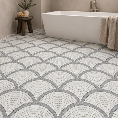Carrara White and Platinum Grey Fan / Scallop Honed Marble Mosaic Tile — installed as bathroom flooring
