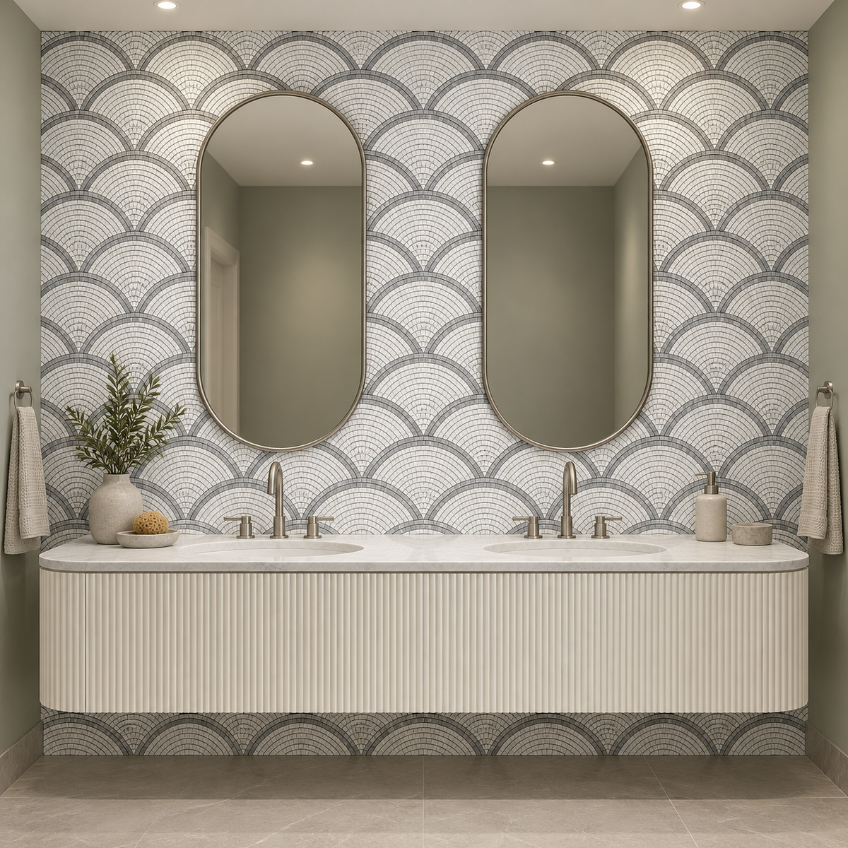 Carrara White and Platinum Grey Fan / Scallop Honed Marble Mosaic Tile — installed on a windowless bathroom feature wall