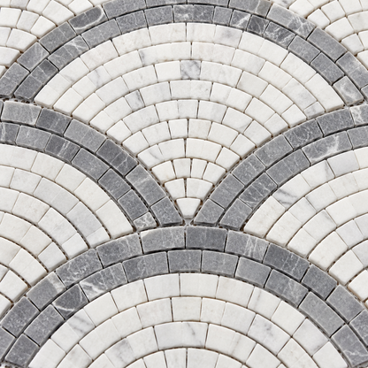 Carrara White and Platinum Grey Fan / Scallop Honed Marble Mosaic Tile — close-up of the natural marble texture and chip layout