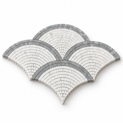Carrara White and Platinum Grey Fan / Scallop Honed Marble Mosaic Tile — angled sheet showing 10 mm marble edges and mesh backing
