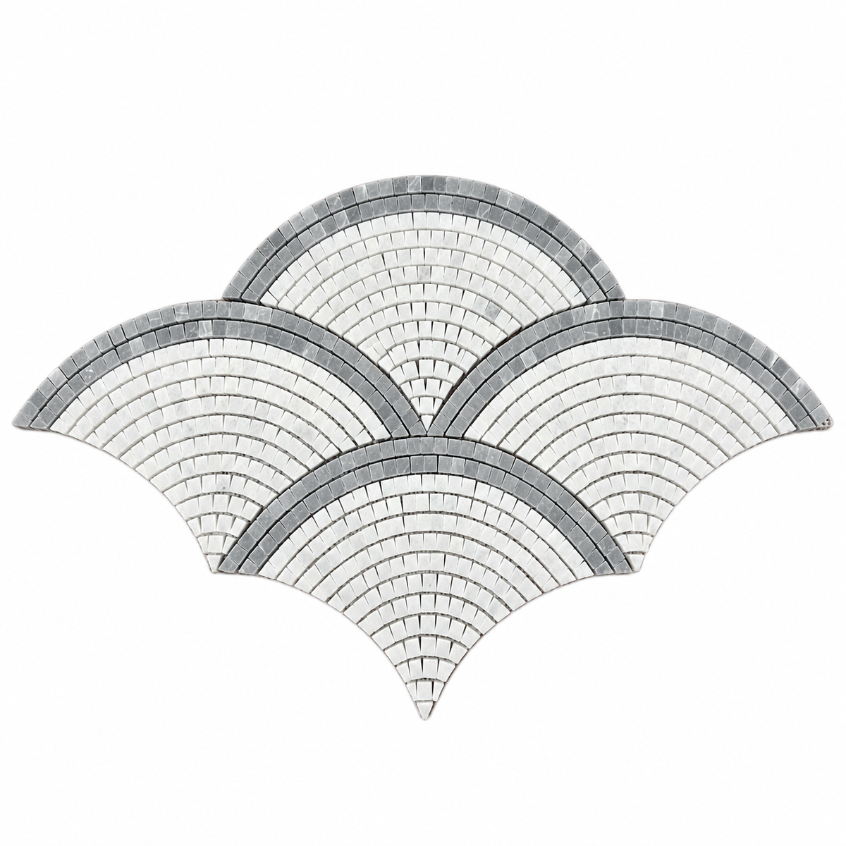 Carrara White and Platinum Grey Fan / Scallop Honed Marble Mosaic Tile — full mesh-backed sheet on a white background