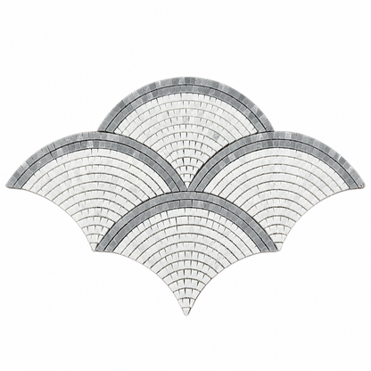 Carrara White and Platinum Grey Fan / Scallop Honed Marble Mosaic Tile — full mesh-backed sheet on a white background