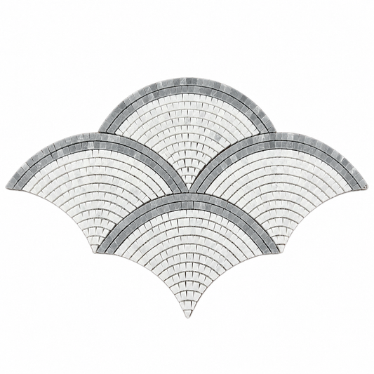 Carrara White and Platinum Grey Fan / Scallop Honed Marble Mosaic Tile — full mesh-backed sheet on a white background