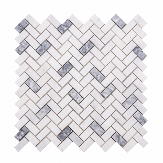 Carrara White - Platinum Grey Honed Marble Herringbone Mosaic Tiles — full mesh-backed sheet on a white background