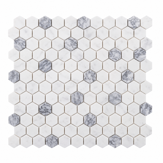 Carrara White- Platinum Grey Honed Marble Hexagon Mosaic Tiles 23x23 — full mesh-backed sheet on a white background