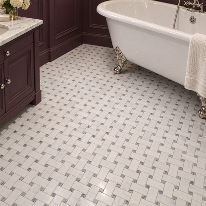 Carrara White - Platinum Grey Polished Marble Basket Weave Mosaic Tiles — installed as bathroom flooring