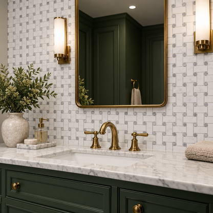 Carrara White - Platinum Grey Polished Marble Basket Weave Mosaic Tiles — installed on a windowless bathroom feature wall