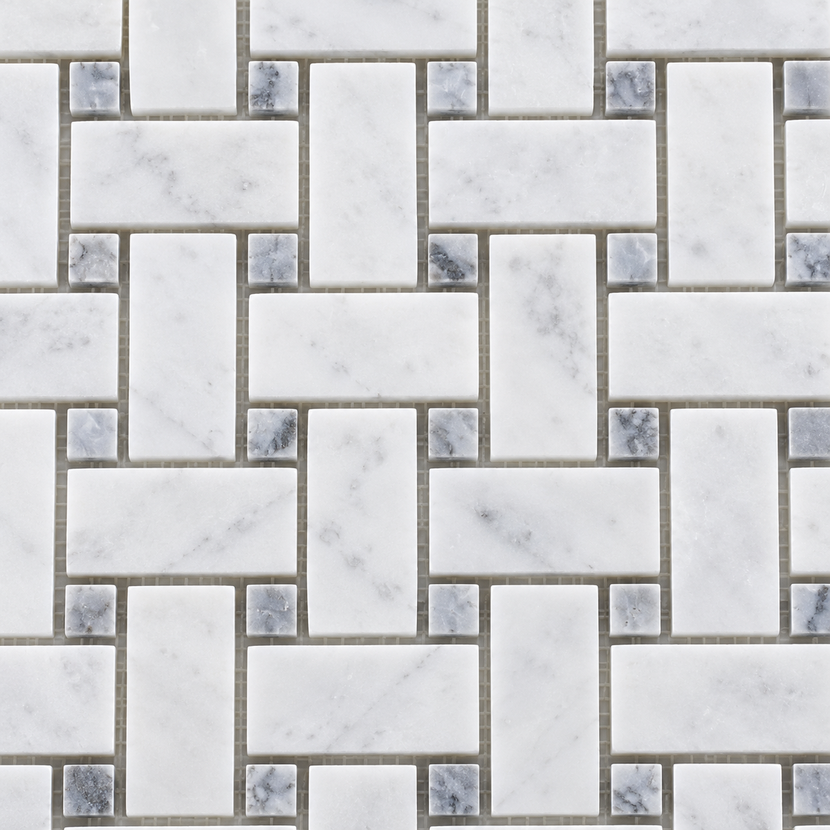 Carrara White - Platinum Grey Polished Marble Basket Weave Mosaic Tiles — close-up of marble texture, chip edges and mosaic layout