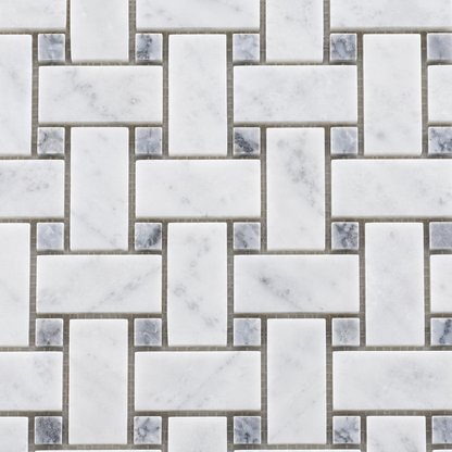 Carrara White - Platinum Grey Polished Marble Basket Weave Mosaic Tiles — close-up of marble texture, chip edges and mosaic layout