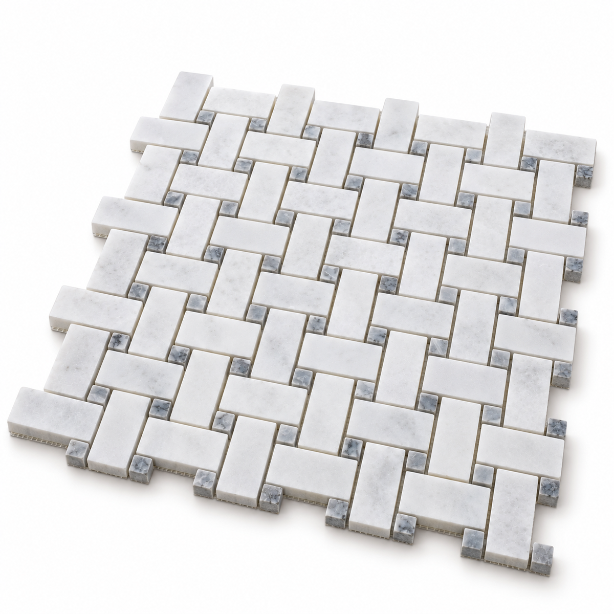 Carrara White - Platinum Grey Polished Marble Basket Weave Mosaic Tiles — angled sheet showing natural marble edges and mesh backing