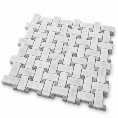 Carrara White - Platinum Grey Polished Marble Basket Weave Mosaic Tiles — angled sheet showing natural marble edges and mesh backing