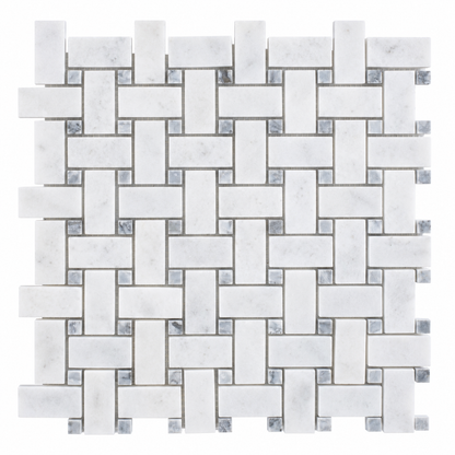Carrara White - Platinum Grey Polished Marble Basket Weave Mosaic Tiles — full mesh-backed sheet on a white background