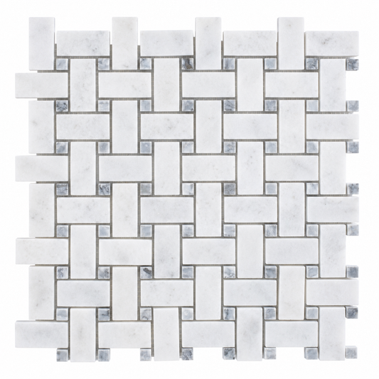 Carrara White - Platinum Grey Polished Marble Basket Weave Mosaic Tiles — full mesh-backed sheet on a white background