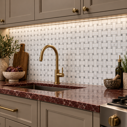 Carrara White - Platinum Grey Polished Marble Basket Weave Mosaic Tiles — installed as a kitchen splashback