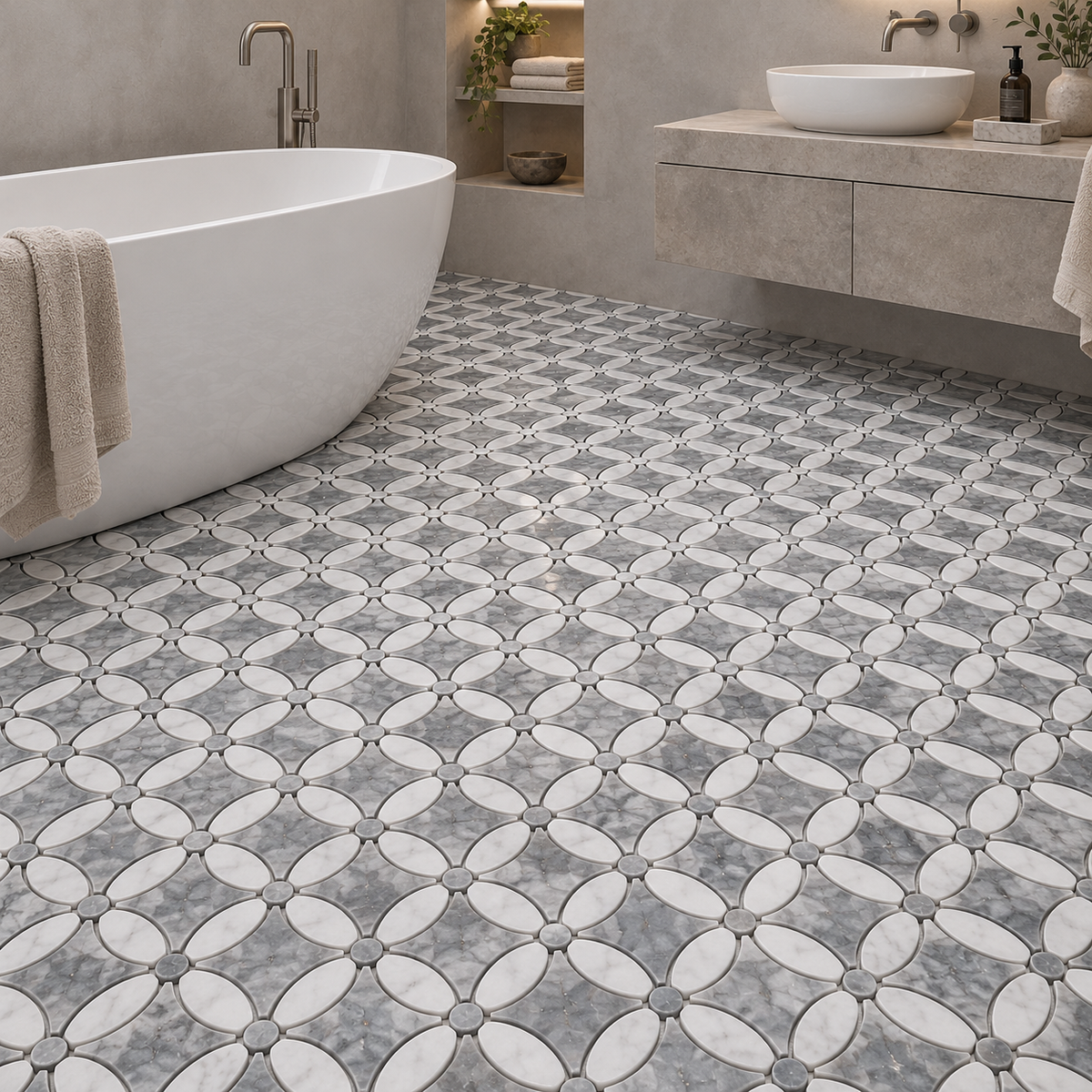 Carrara White – Platinum Grey Polished Marble Flower Mosaic Tiles — installed as bathroom mosaic flooring