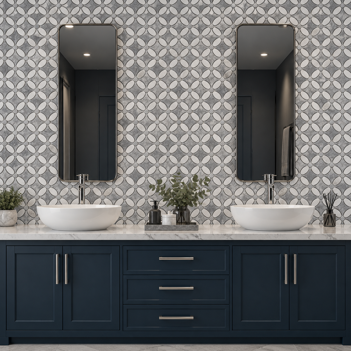 Carrara White – Platinum Grey Polished Marble Flower Mosaic Tiles — installed on a windowless bathroom feature wall