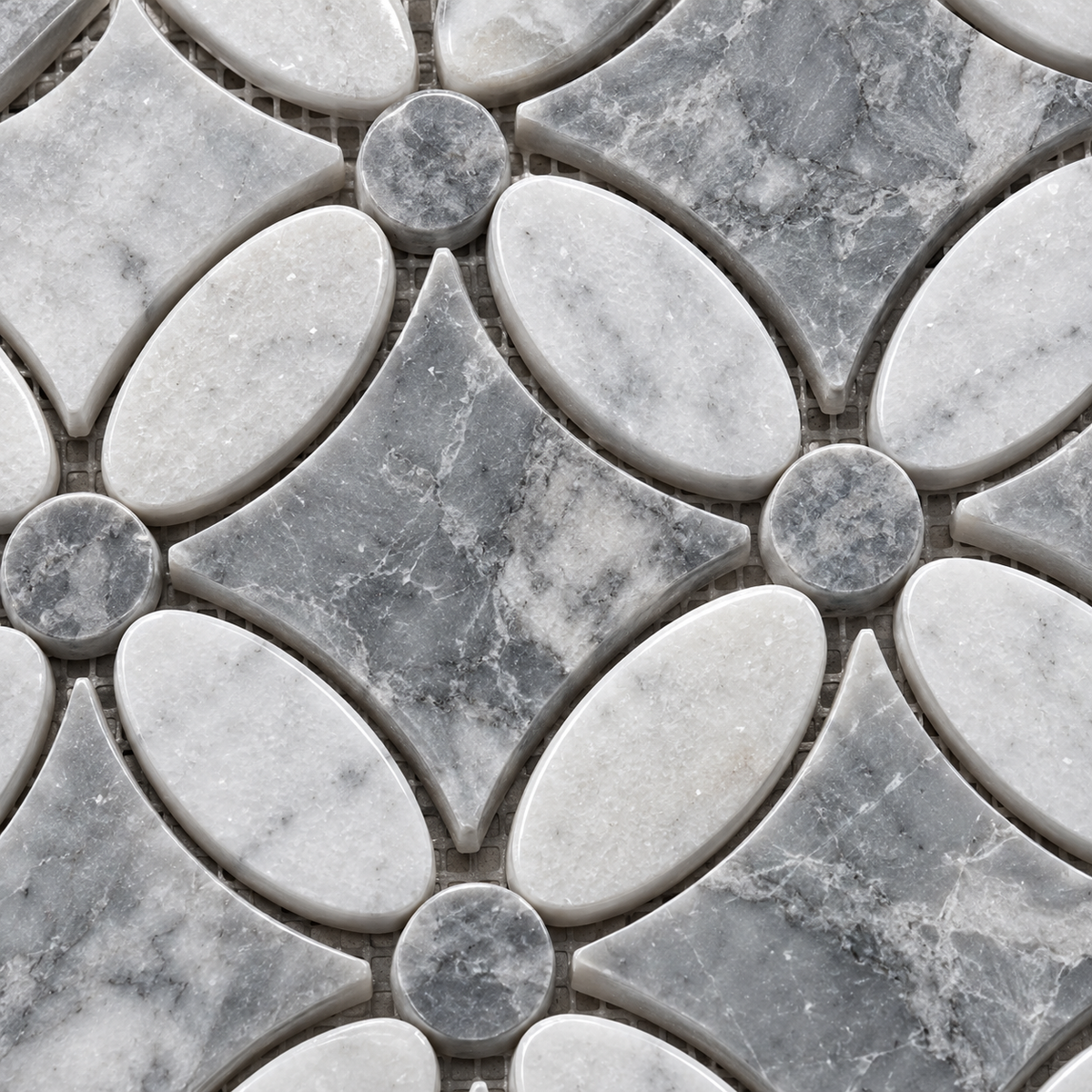 Carrara White – Platinum Grey Polished Marble Flower Mosaic Tiles — macro close-up of natural marble texture, finish and mosaic chip detail