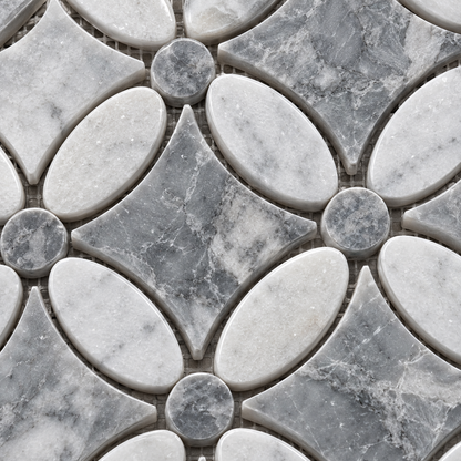 Carrara White – Platinum Grey Polished Marble Flower Mosaic Tiles — macro close-up of natural marble texture, finish and mosaic chip detail