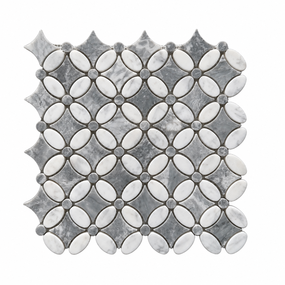 Carrara White – Platinum Grey Polished Marble Flower Mosaic Tiles — full mesh-backed sheet on a white background