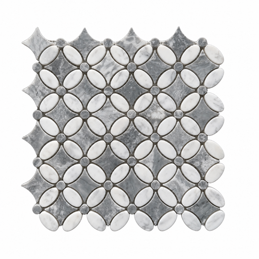 Carrara White – Platinum Grey Polished Marble Flower Mosaic Tiles — full mesh-backed sheet on a white background