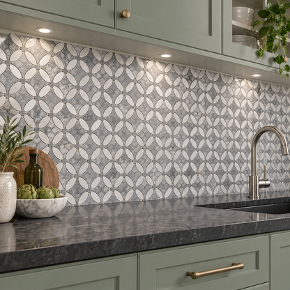 Carrara White – Platinum Grey Polished Marble Flower Mosaic Tiles — installed as a kitchen mosaic splashback