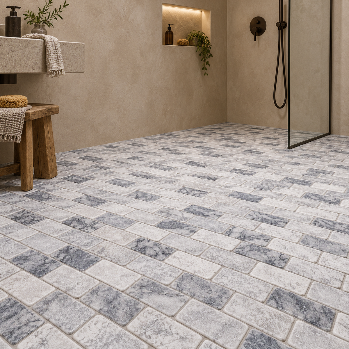 Carrara White - Platinum Grey Tumbled Marble Brick Mosaic Tiles — installed as bathroom flooring