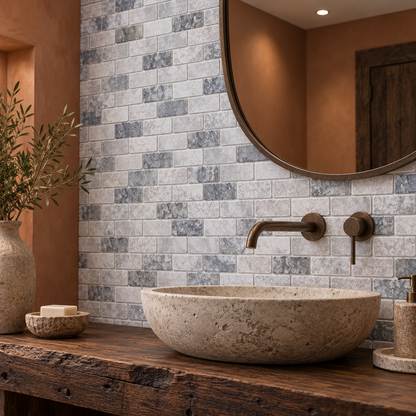 Carrara White - Platinum Grey Tumbled Marble Brick Mosaic Tiles — installed on a windowless bathroom feature wall