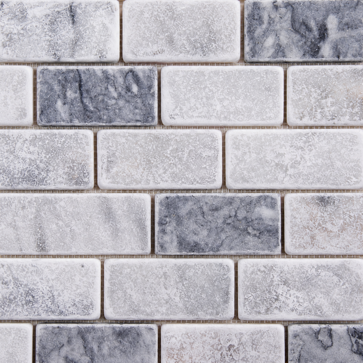 Carrara White - Platinum Grey Tumbled Marble Brick Mosaic Tiles — close-up of marble texture, chip edges and mosaic layout